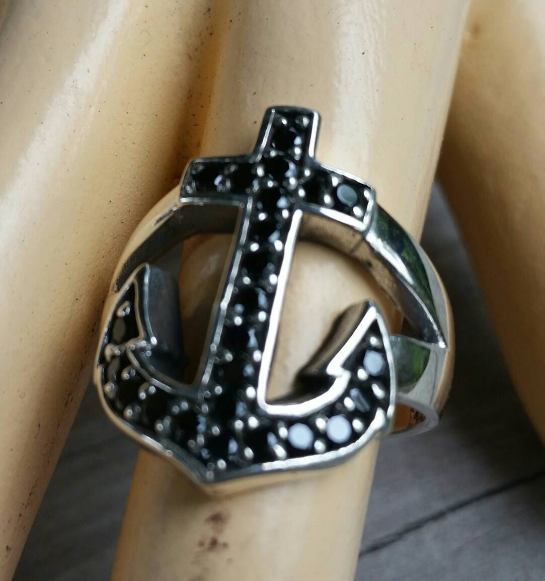 anchor ring black stone nautical sailor rockabilly wedding sterling silver ring