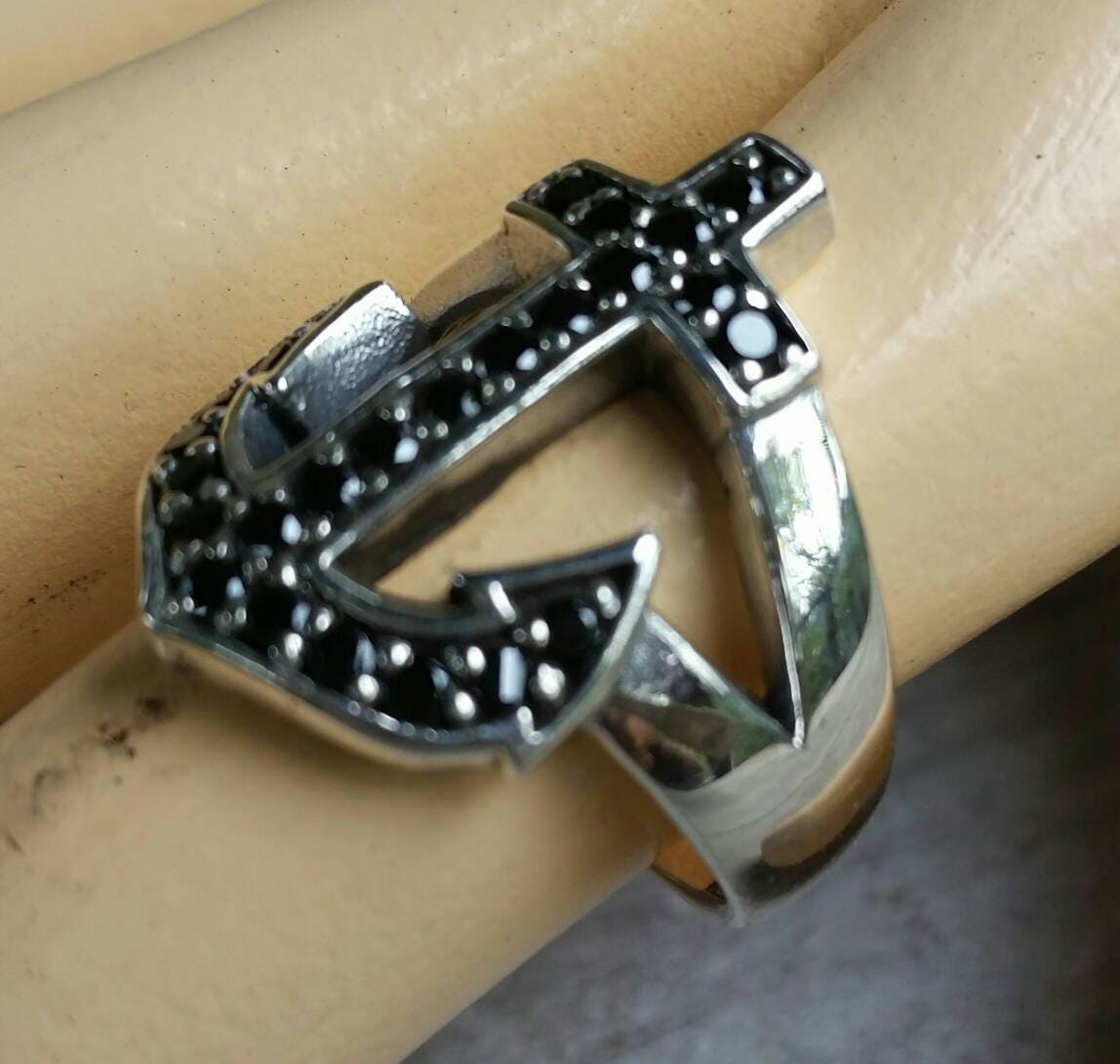 anchor ring black stone nautical sailor rockabilly wedding sterling silver ring