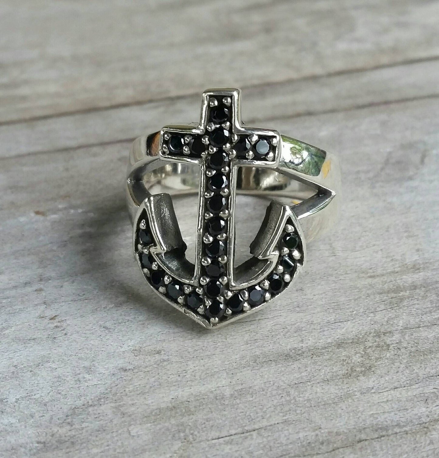 anchor ring black stone nautical sailor rockabilly wedding sterling silver ring