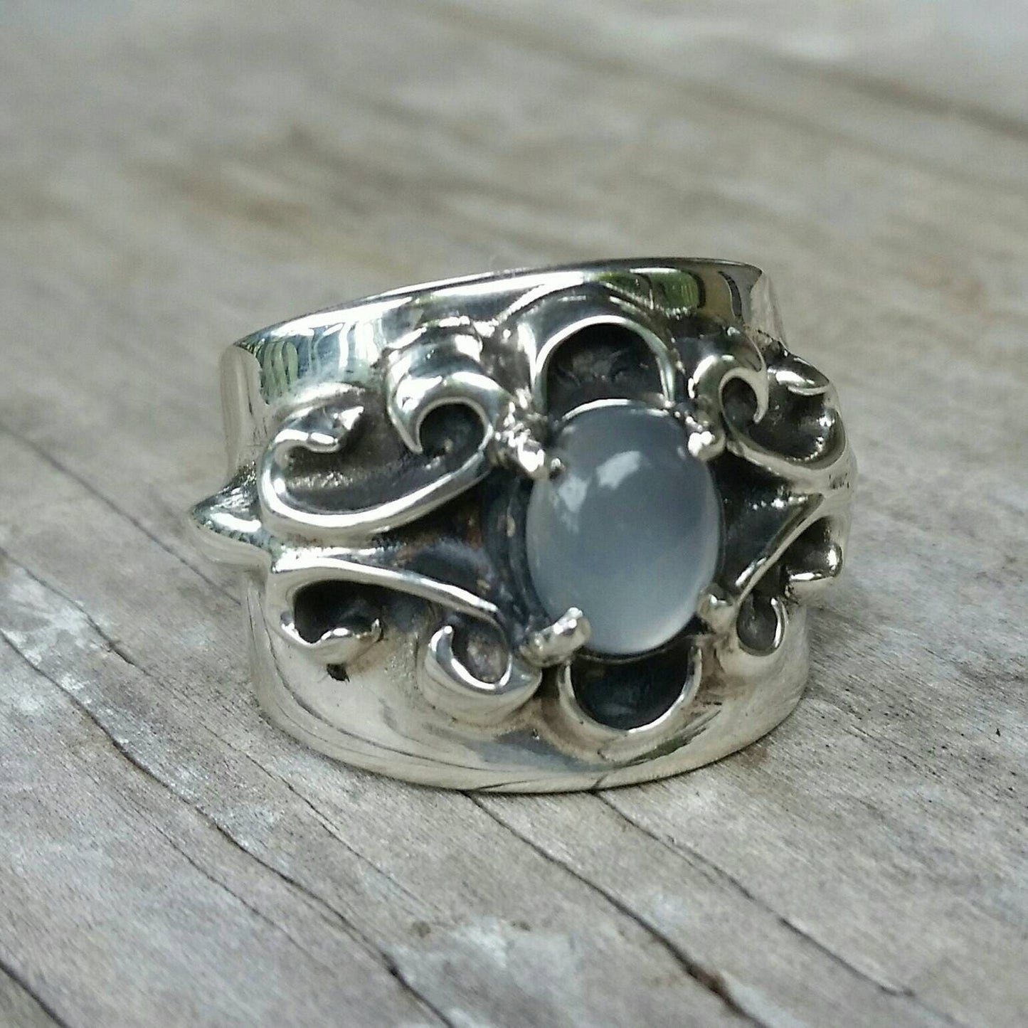 Moonstone ring, heavy modern ring, sterling silver,boho,goddesschunky,steampunk,hipster,womens fashion,scroll,victorian,antique, hand made