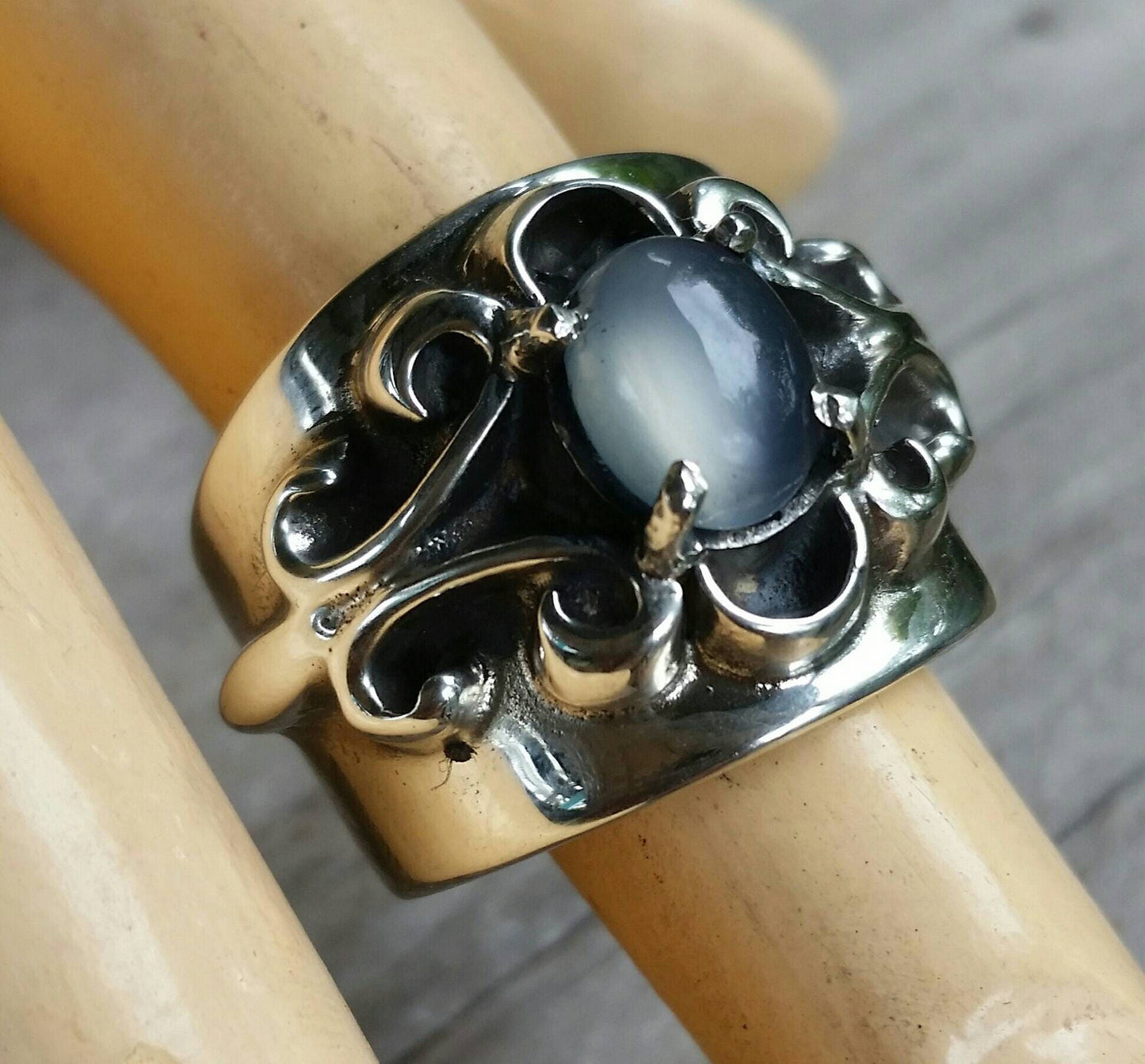 Moonstone ring, heavy modern ring, sterling silver,boho,goddesschunky,steampunk,hipster,womens fashion,scroll,victorian,antique, hand made