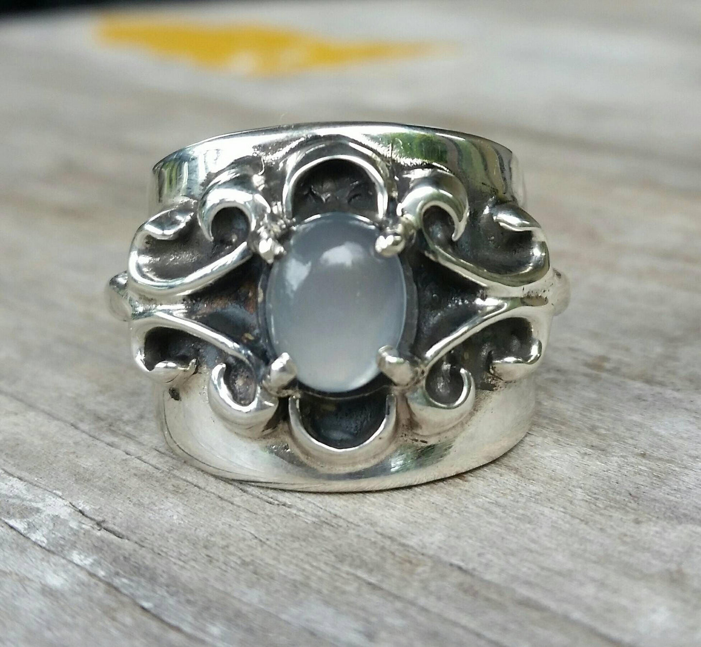 Moonstone ring, heavy modern ring, sterling silver,boho,goddesschunky,steampunk,hipster,womens fashion,scroll,victorian,antique, hand made