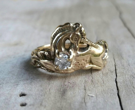 Gold Unicorn ring,solid 9ct gold, mythical horse, fantasy,cubic zirconia, new age boho, hippy