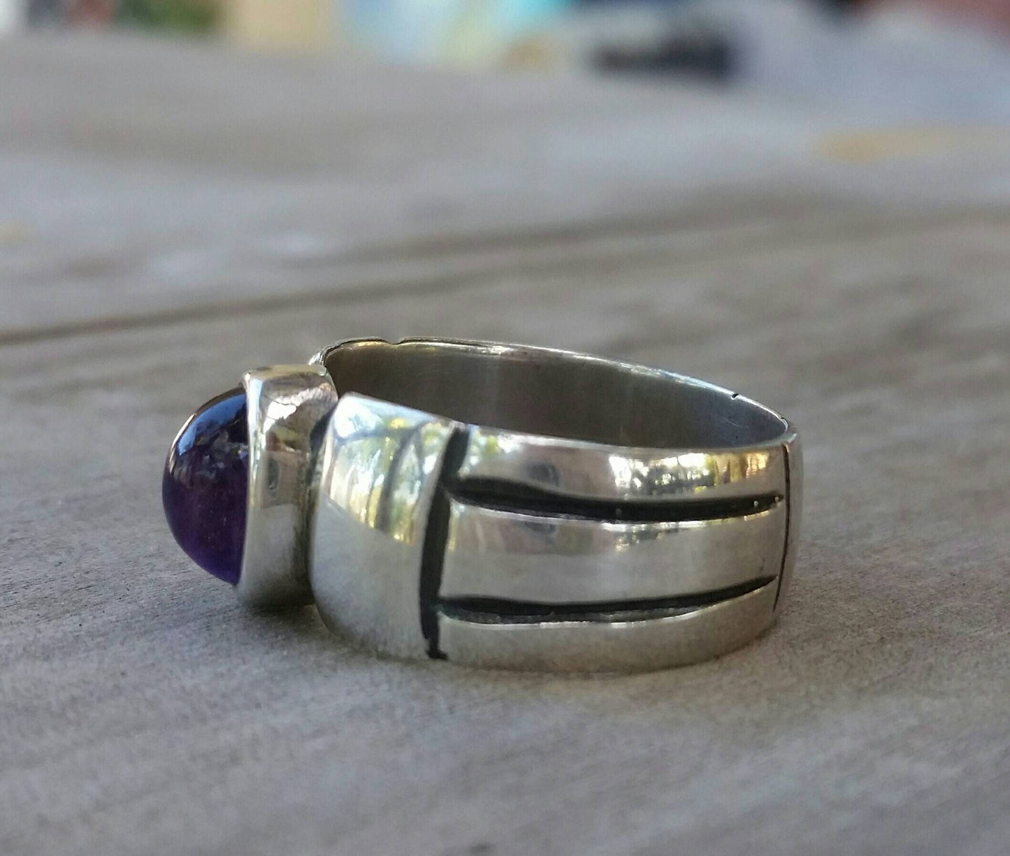 Amethyst ring,cabachon ring,sterling silver,handmade,boho,gypsy,purple stone ring,gemstone,wedding band,