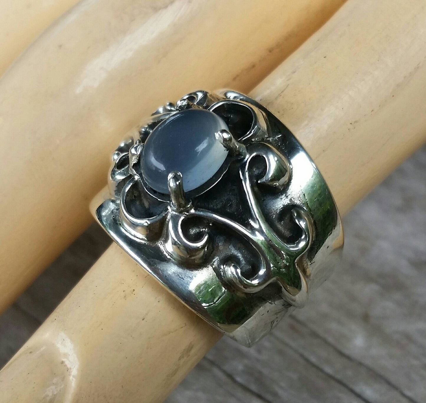 Moonstone ring, heavy modern ring, sterling silver,boho,goddesschunky,steampunk,hipster,womens fashion,scroll,victorian,antique, hand made
