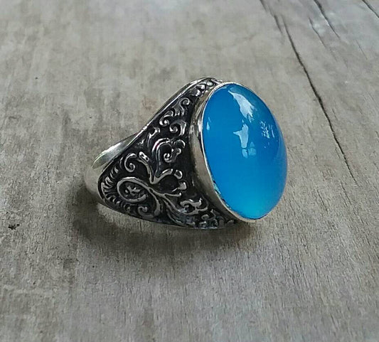 Blue chalcedony mans sterling silver dress wedding dress ring antique scroll pattern