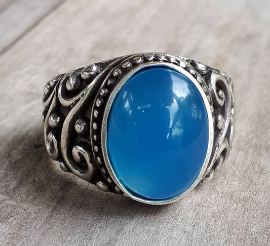 Blue chalcedony sterling silver dress wedding dress ring antique scroll pattern