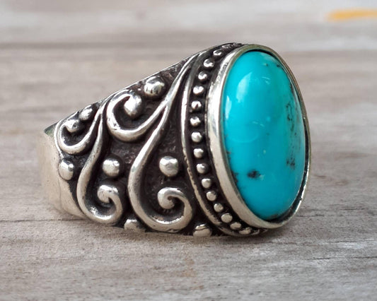 Turquoise sterling silver dress wedding dress ring antique scroll pattern