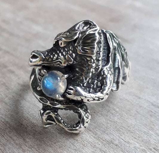 Moonstone Dragon ring, welsh dragon, sterling silver,goddess ring,new age dragon,fantasy mythical, steampunk gothic ,punk,