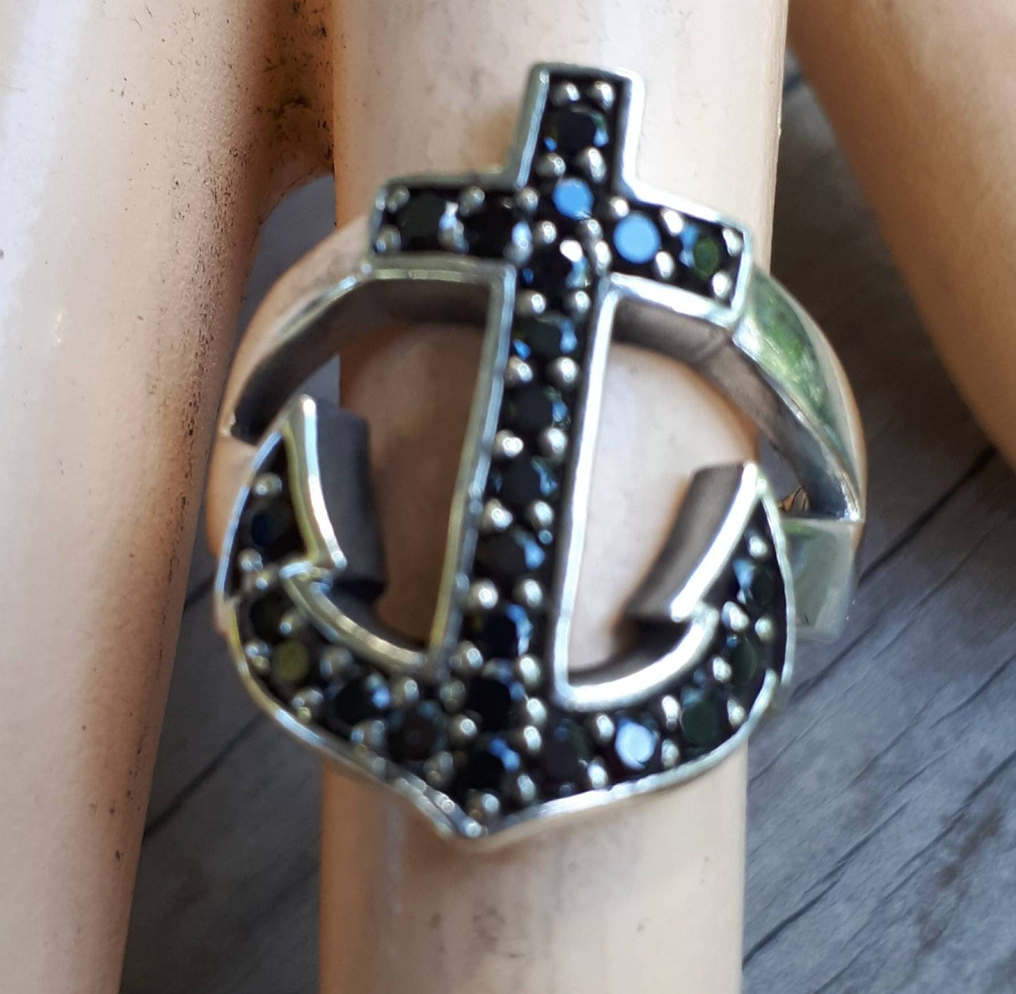 anchor ring black cz nautical sailor rockabilly wedding sterling silver ring