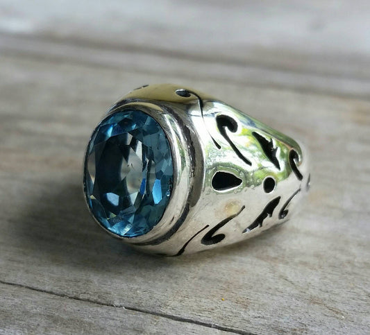 Blue topaz ring,sterling silver,chunky, filegree,ornate, antique ring,large ring