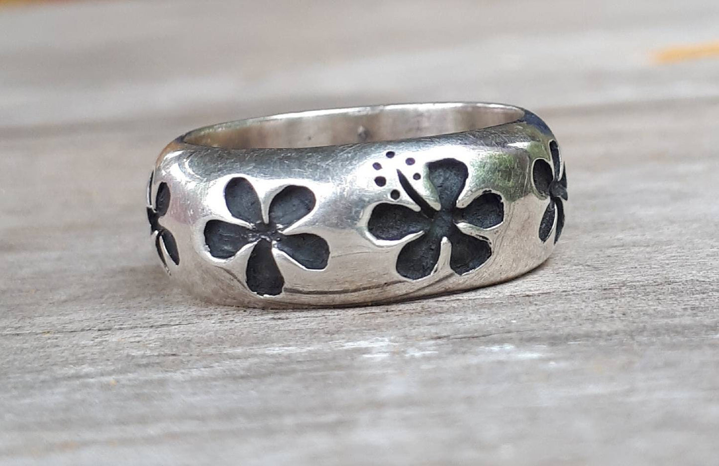 Hibiscis ring,solid sterling silver, frangipani,surfer ring,Hawaiian flower sterling silver band.