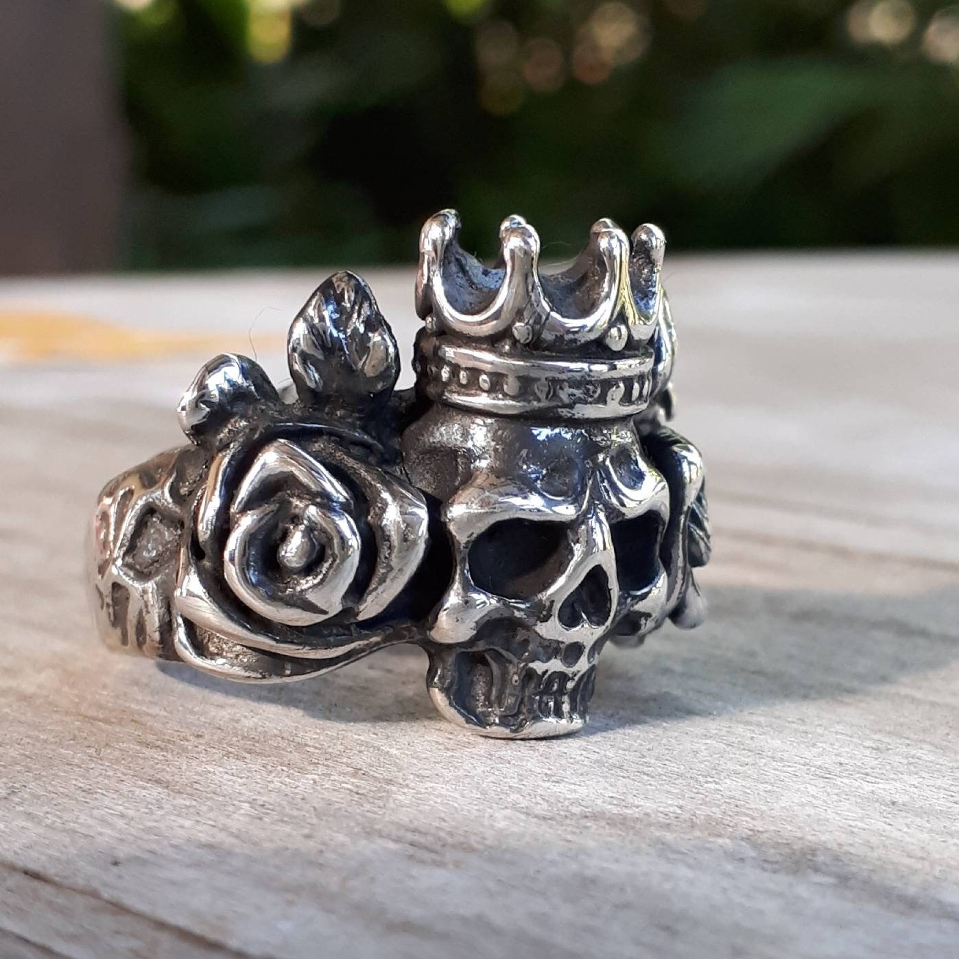 skull rose ring,crown ring, sterling silver ring ,steampunk, gothic punk, pirate,sugar skull,biker,black stone,hand made,hipster,rockabilly
