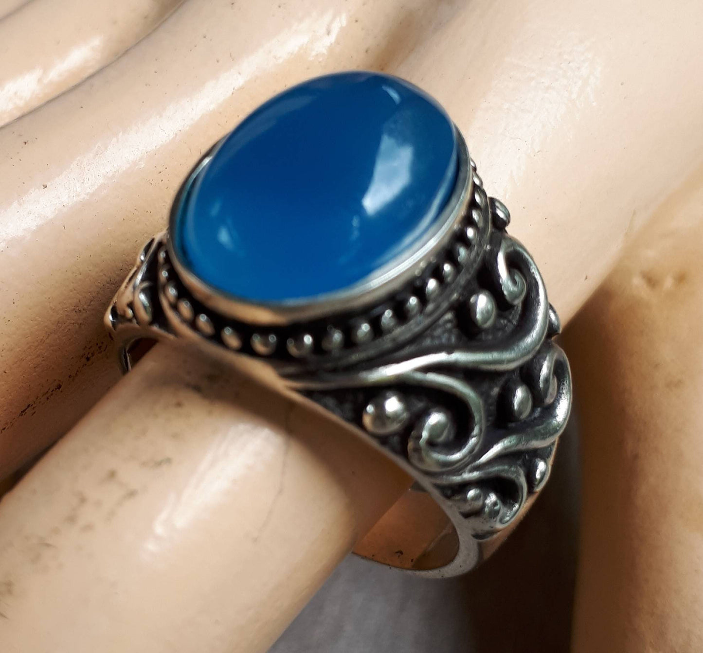 Blue chalcedony sterling silver dress wedding dress ring antique scroll pattern