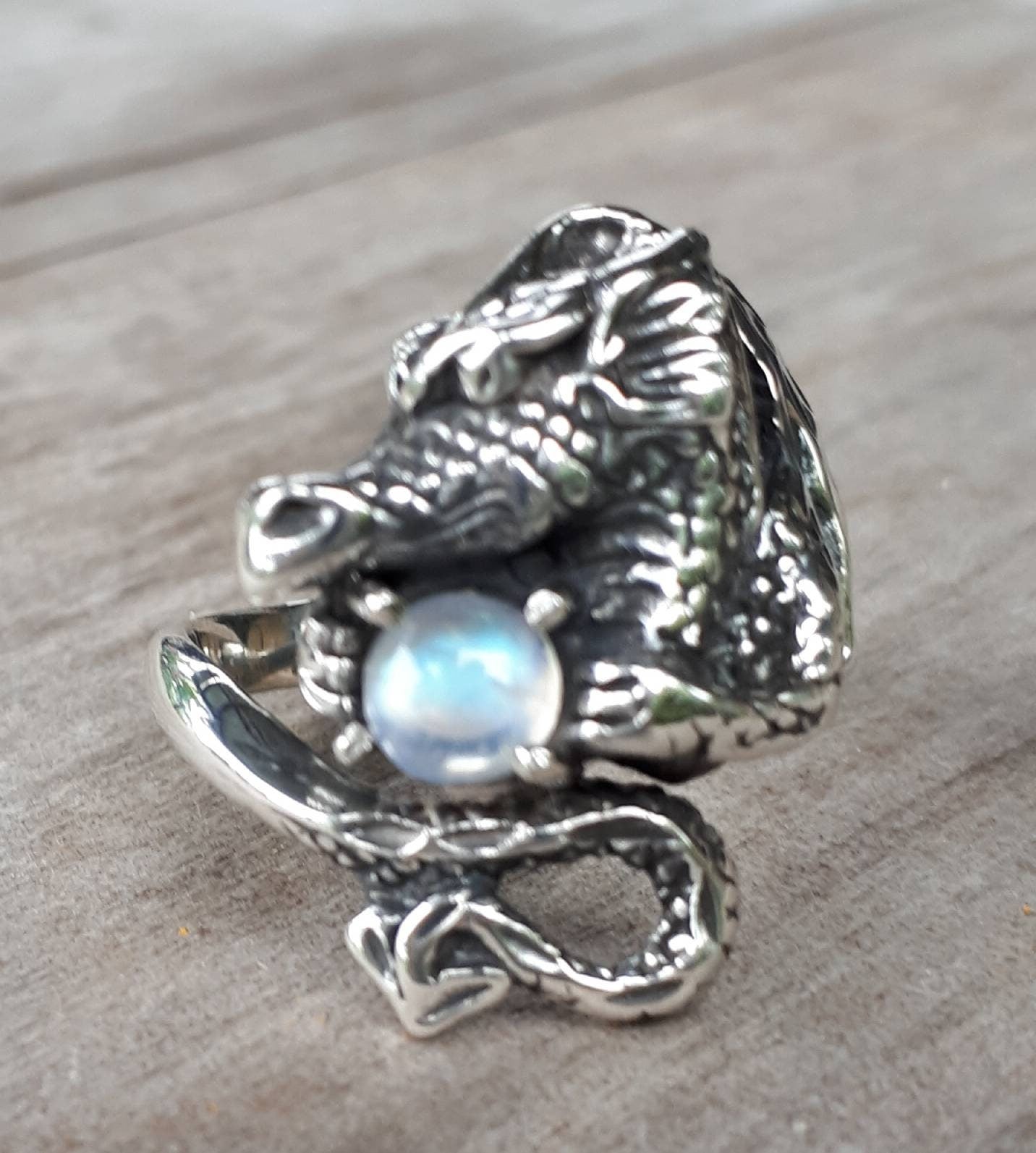 Moonstone Dragon ring, welsh dragon, sterling silver,goddess ring,new age dragon,fantasy mythical, steampunk gothic ,punk,