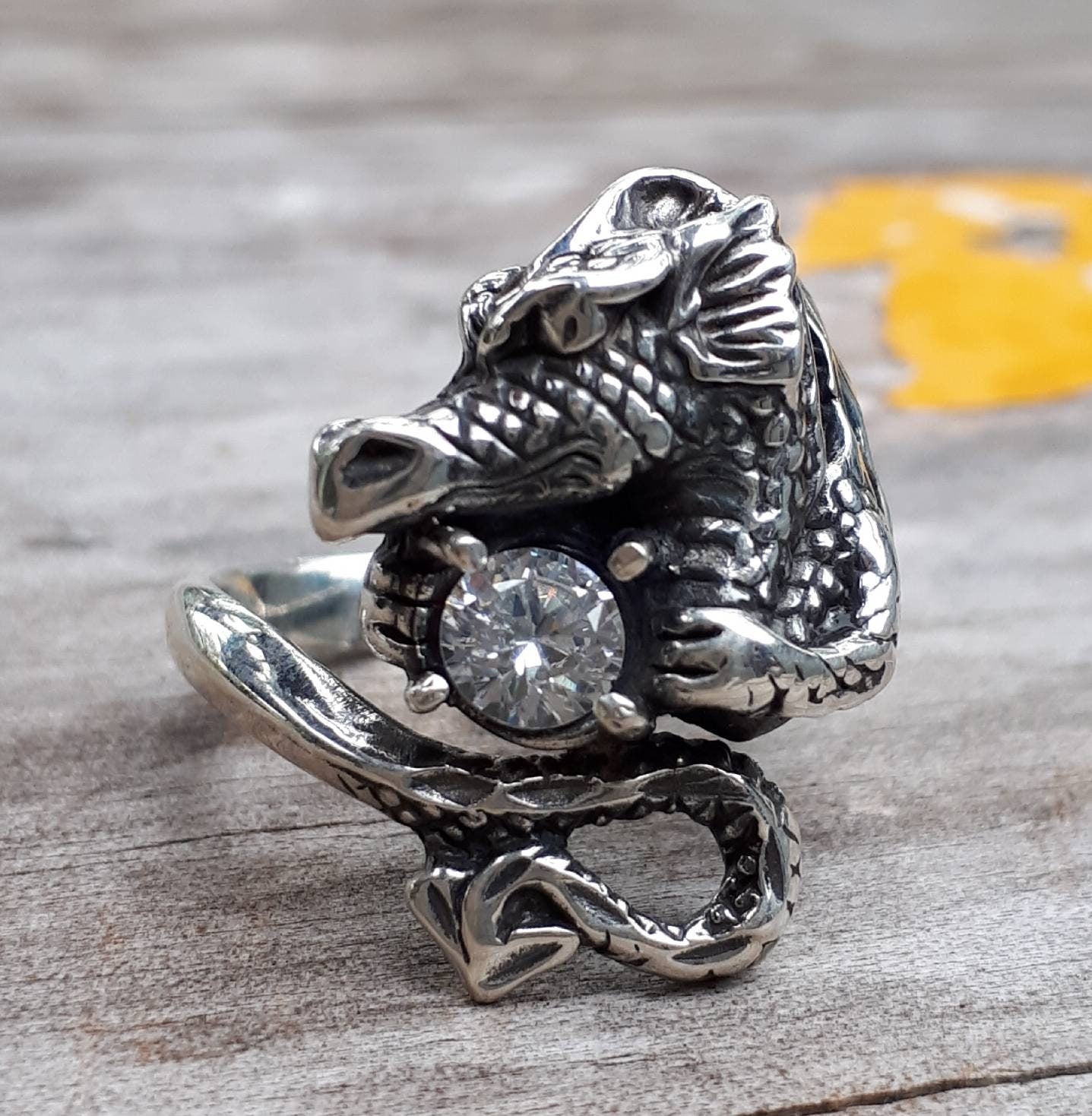 Dragon ring,cz, sterling silver,welsh dragon,fantasy mythical steampunk gothic punk green stone ring