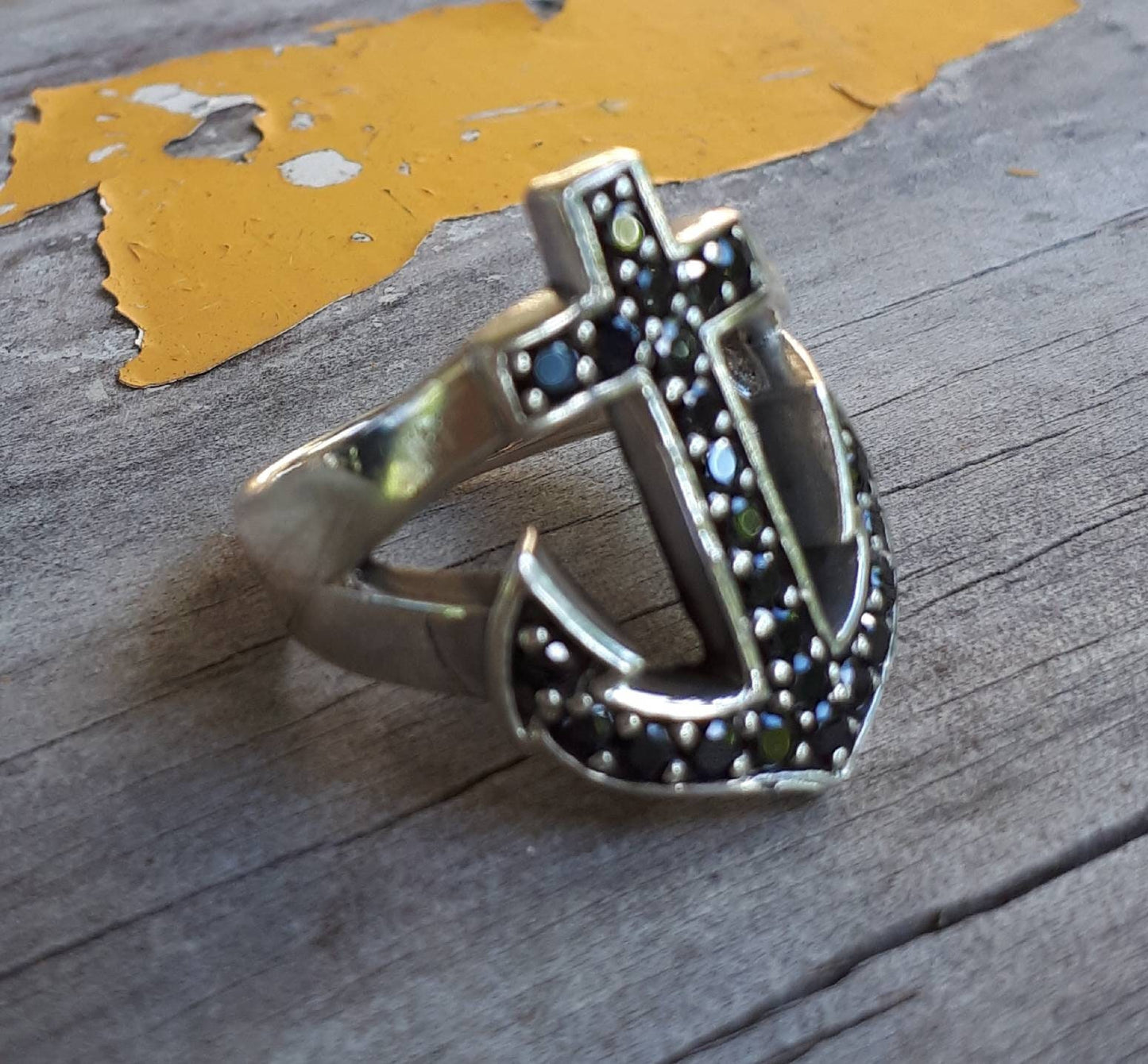 anchor ring black cz nautical sailor rockabilly wedding sterling silver ring