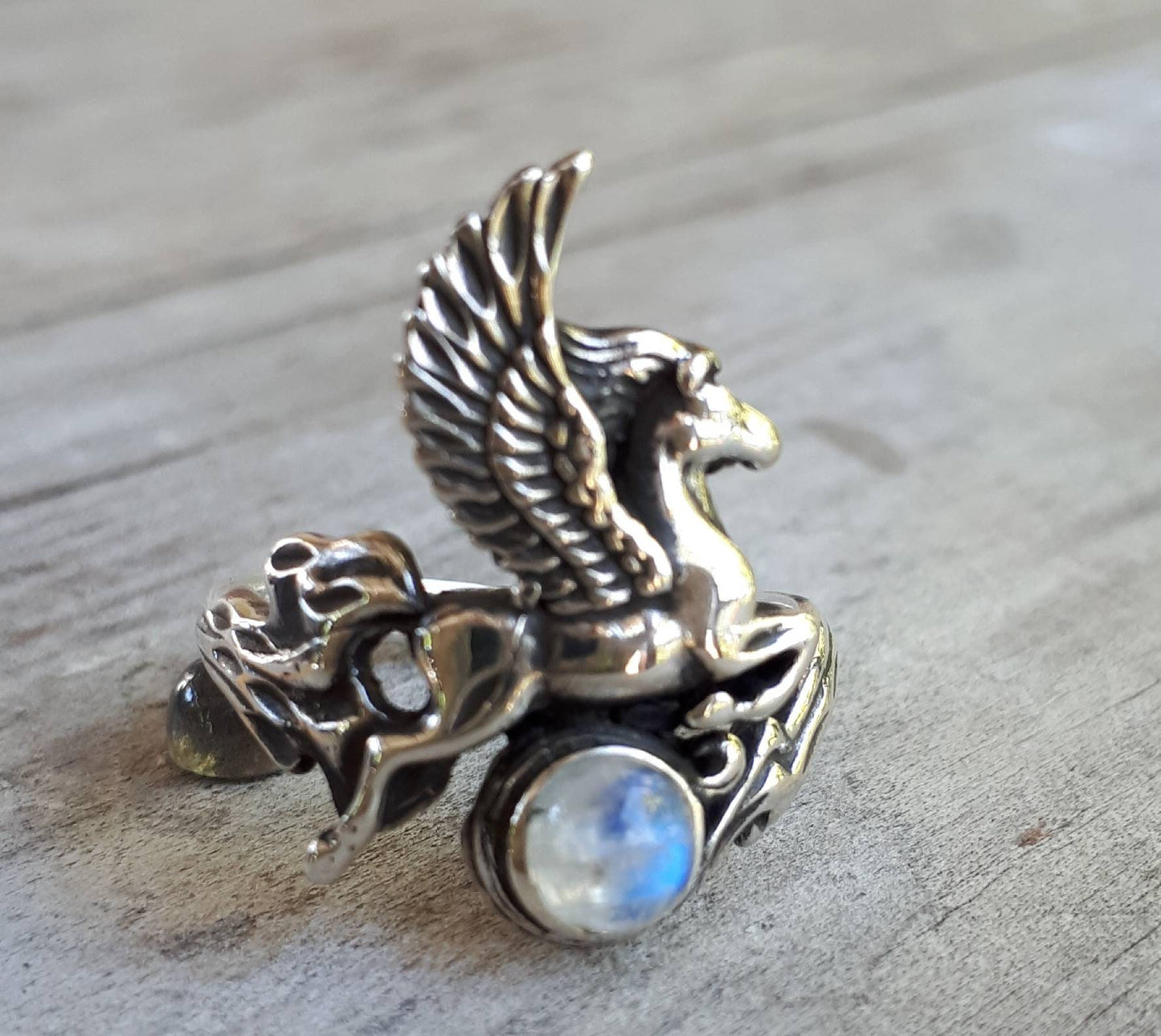 PEGASUS ring,moonstone, sterling silver,mythical horse, unicorn,fantasy,new age,magic,mystical, boho,hippy,gypsy,art nouveau,handmade,goddes