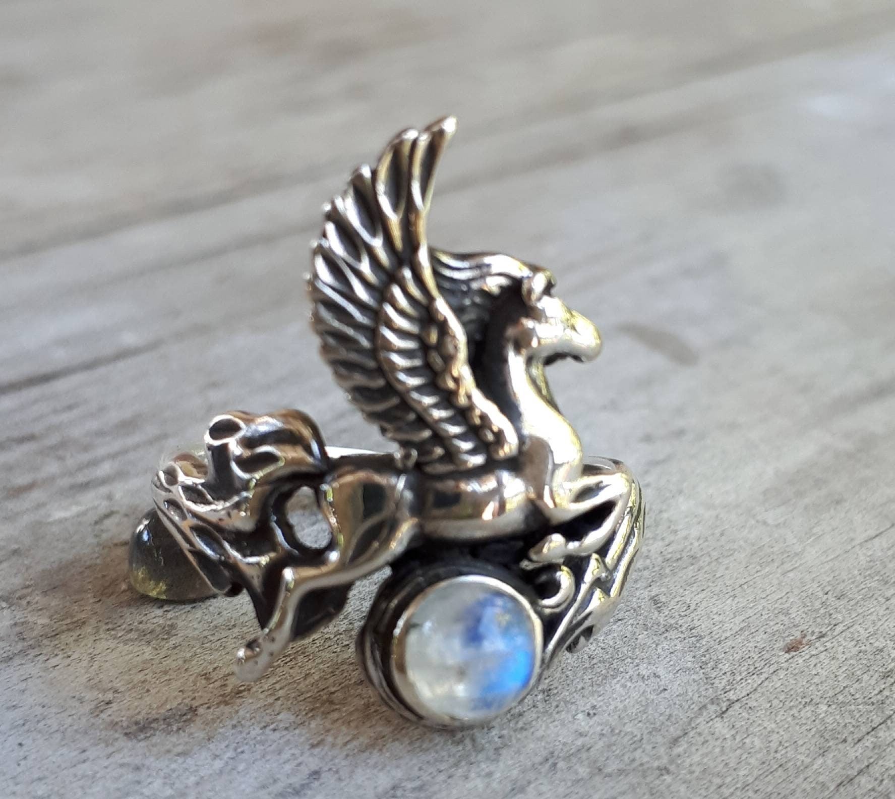 PEGASUS ring,moonstone, sterling silver,mythical horse, unicorn,fantasy,new age,magic,mystical, boho,hippy,gypsy,art nouveau,handmade,goddes