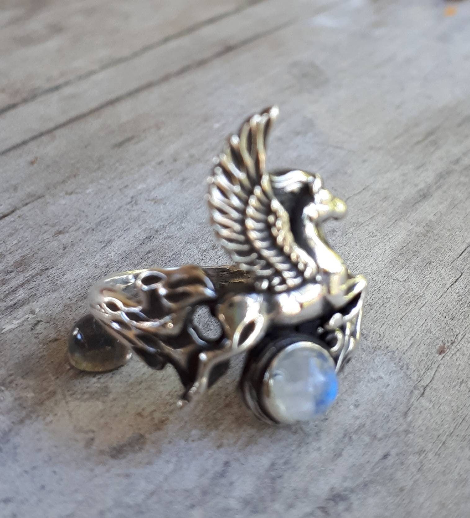 PEGASUS ring,moonstone, sterling silver,mythical horse, unicorn,fantasy,new age,magic,mystical, boho,hippy,gypsy,art nouveau,handmade,goddes