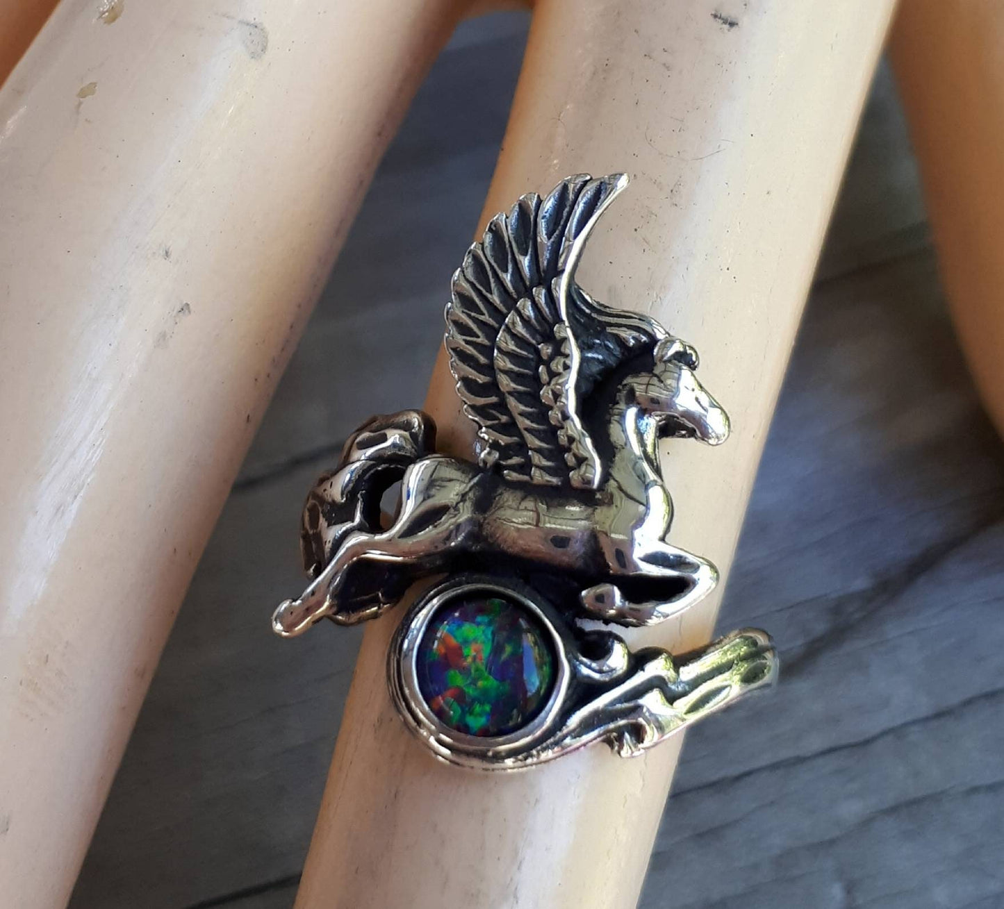 PEGASUS ring,opal,sterling silver,mythical horse, unicorn, fantasy,new age,magic,mystical, boho,hippy,gypsy, art nouveau,handmade,magic,