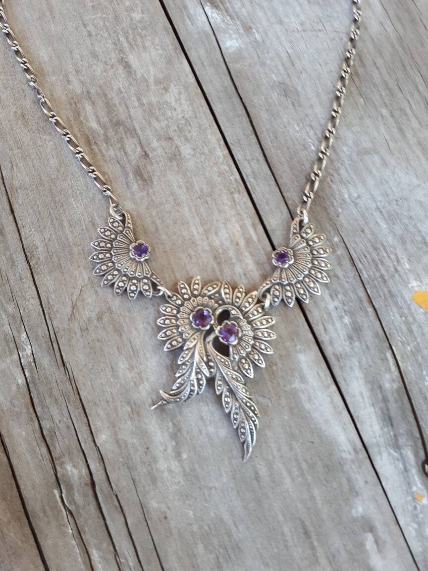 Amythest necklace,sterling silver,leaf,boho,vintage, shic,handmade,deco,art nouveau,gothic,women's fashion,hippy,goddess,bridal necklace,