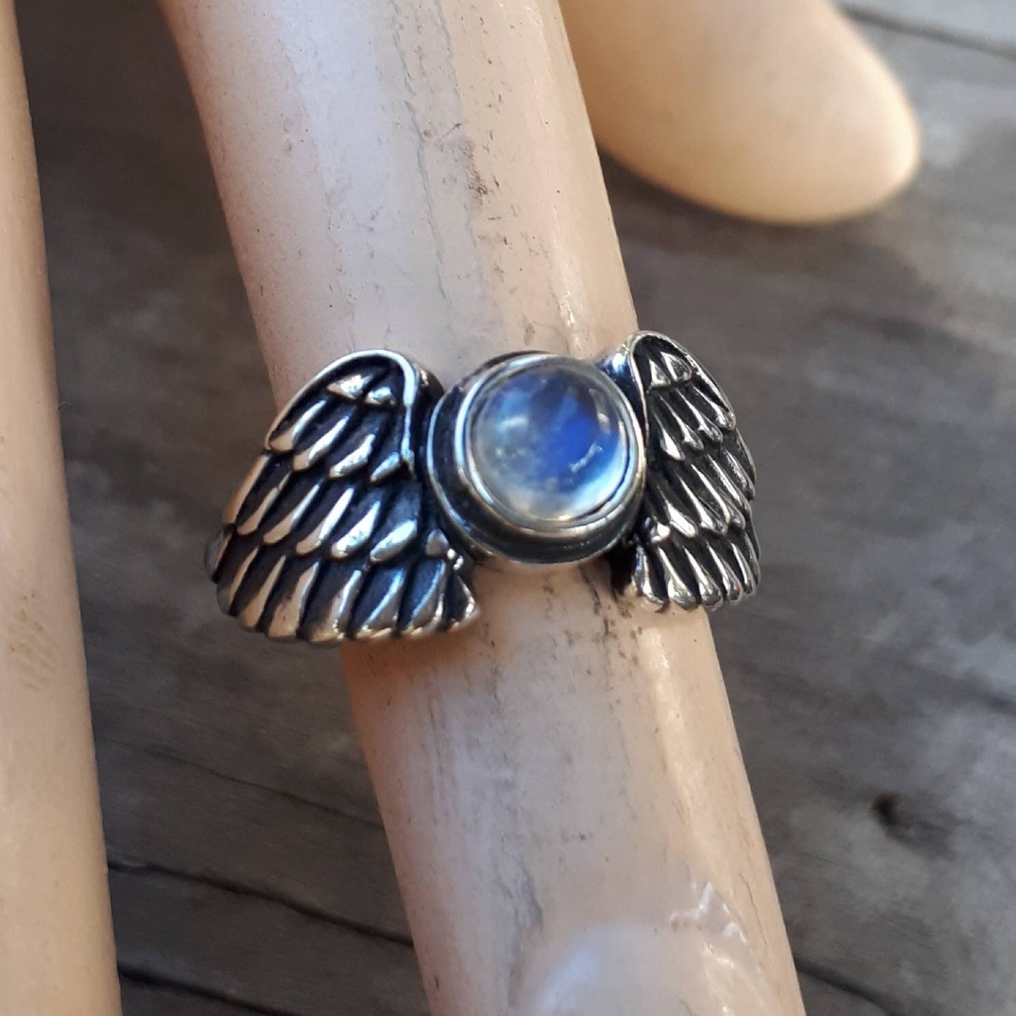 Angel ring, wings, rainbow moonstone, goddess, sterling silver, feather,bird,cupid,swallow,pinkie ring,