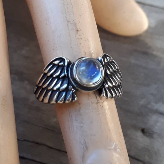 Angel ring, wings, rainbow moonstone, goddess, sterling silver, feather,bird,cupid,swallow,pinkie ring,