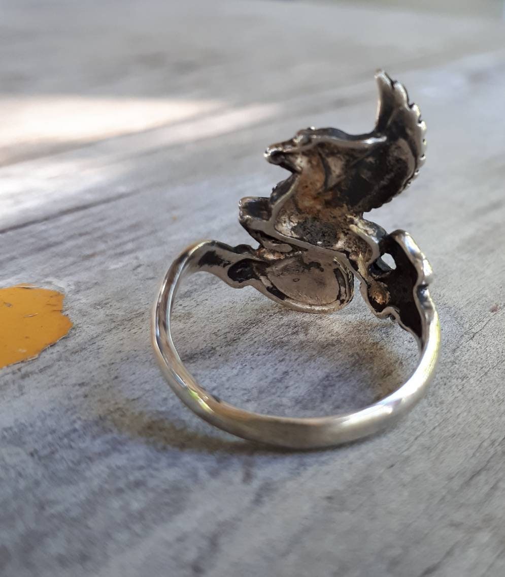PEGASUS ring,moonstone, sterling silver,mythical horse, unicorn,fantasy,new age,magic,mystical, boho,hippy,gypsy,art nouveau,handmade,goddes