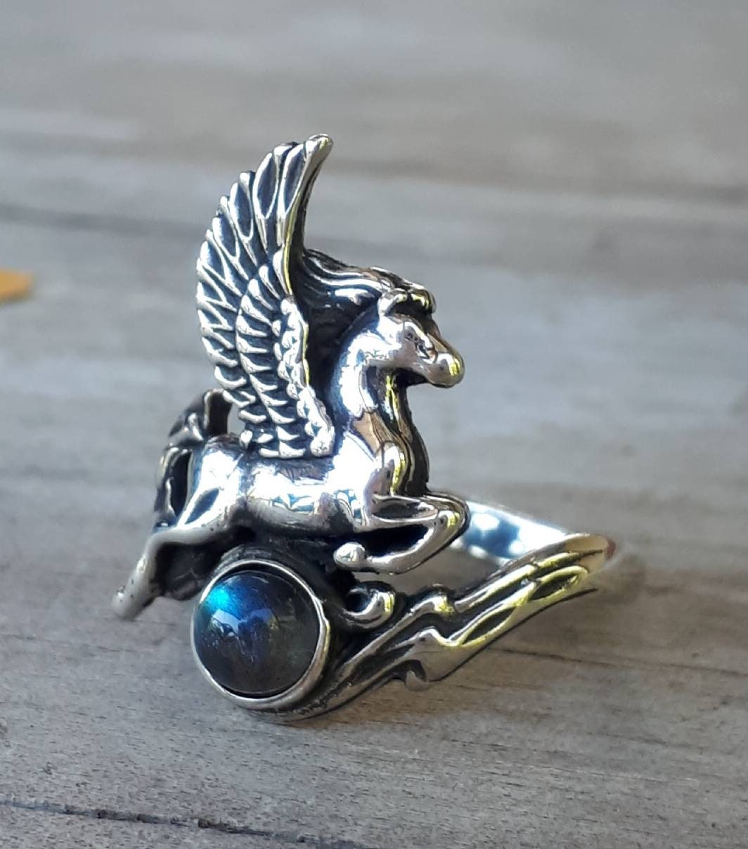 PEGASUS ring,moonstone, sterling silver,mythical horse, unicorn,fantasy,new age,magic,mystical, boho,hippy,gypsy,art nouveau,handmade,goddes