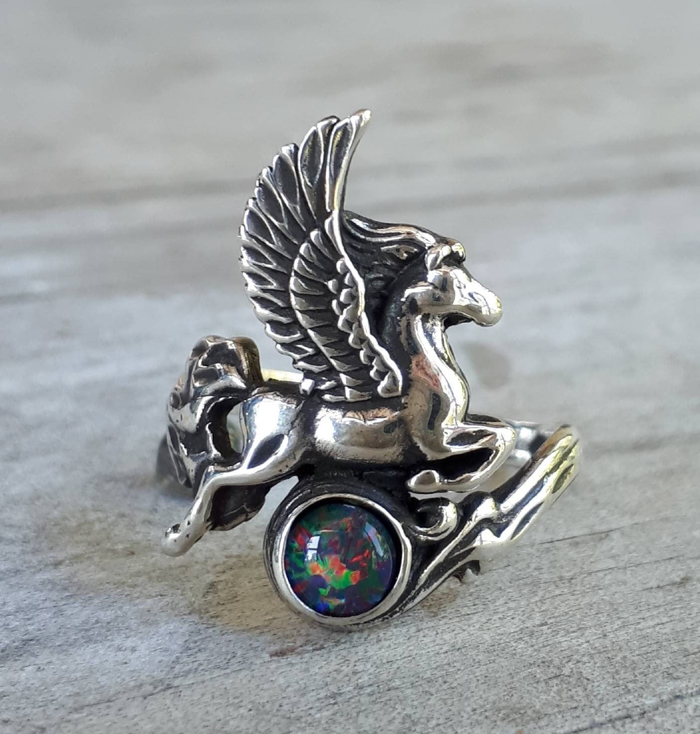 PEGASUS ring,opal,sterling silver,mythical horse, unicorn, fantasy,new age,magic,mystical, boho,hippy,gypsy, art nouveau,handmade,magic,