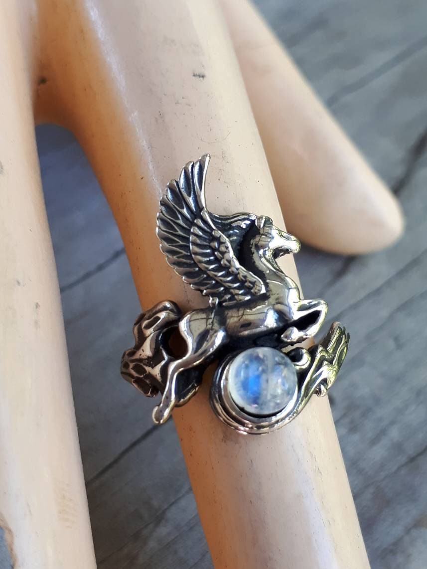 PEGASUS ring,moonstone, sterling silver,mythical horse, unicorn,fantasy,new age,magic,mystical, boho,hippy,gypsy,art nouveau,handmade,goddes
