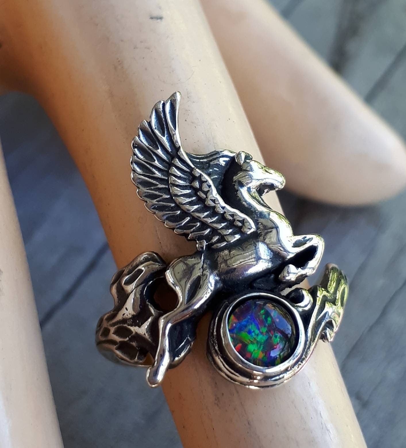 PEGASUS ring,opal,sterling silver,mythical horse, unicorn, fantasy,new age,magic,mystical, boho,hippy,gypsy, art nouveau,handmade,magic,