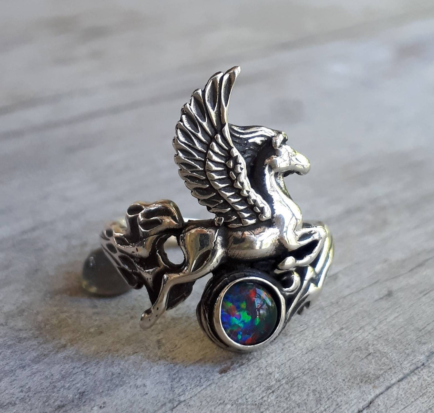 PEGASUS ring,opal,sterling silver,mythical horse, unicorn, fantasy,new age,magic,mystical, boho,hippy,gypsy, art nouveau,handmade,magic,