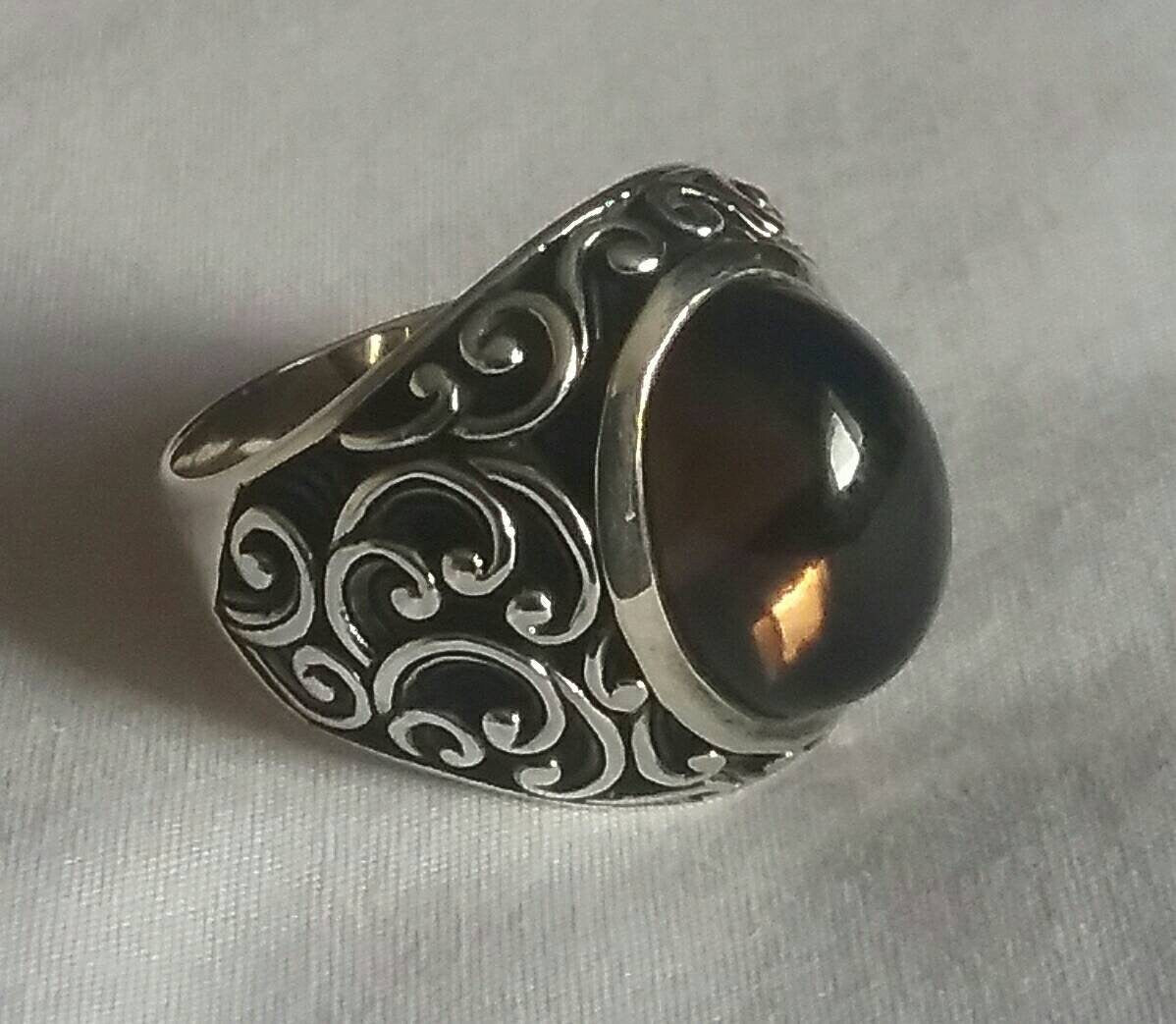 Smokey quartz,cabochon,mans ring, sterling silver,wedding,dress ring,antique, scroll pattern,tribal,baroque,vintage,mens fashion,boho,