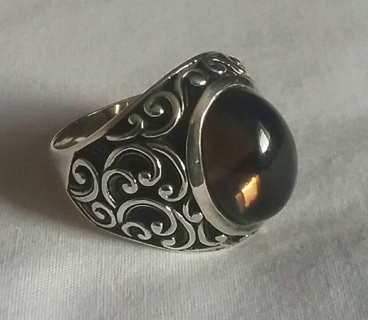 Smokey quartz,cabochon,mans ring, sterling silver,wedding,dress ring,antique, scroll pattern,tribal,baroque,vintage,mens fashion,boho,