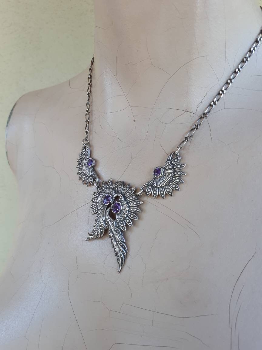 Amythest necklace,sterling silver,leaf,boho,vintage, shic,handmade,deco,art nouveau,gothic,women's fashion,hippy,goddess,bridal necklace,
