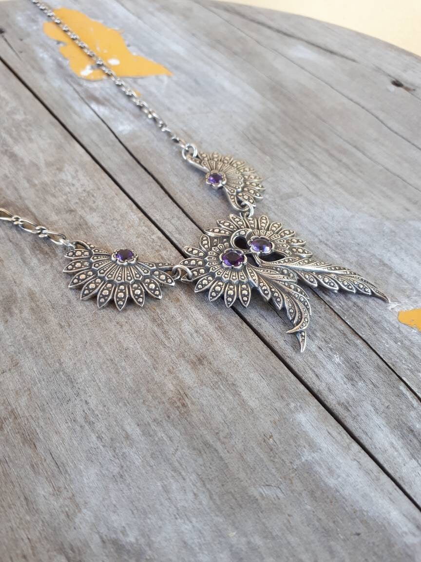 Amythest necklace,sterling silver,leaf,boho,vintage, shic,handmade,deco,art nouveau,gothic,women's fashion,hippy,goddess,bridal necklace,