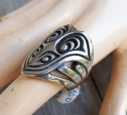 Large Tribal ring,sterling silver,maori,steampunk,chunky silver,handmade,hipster,Geiger,viking,polynesian,Hawaiian,long  ring,boho,koru