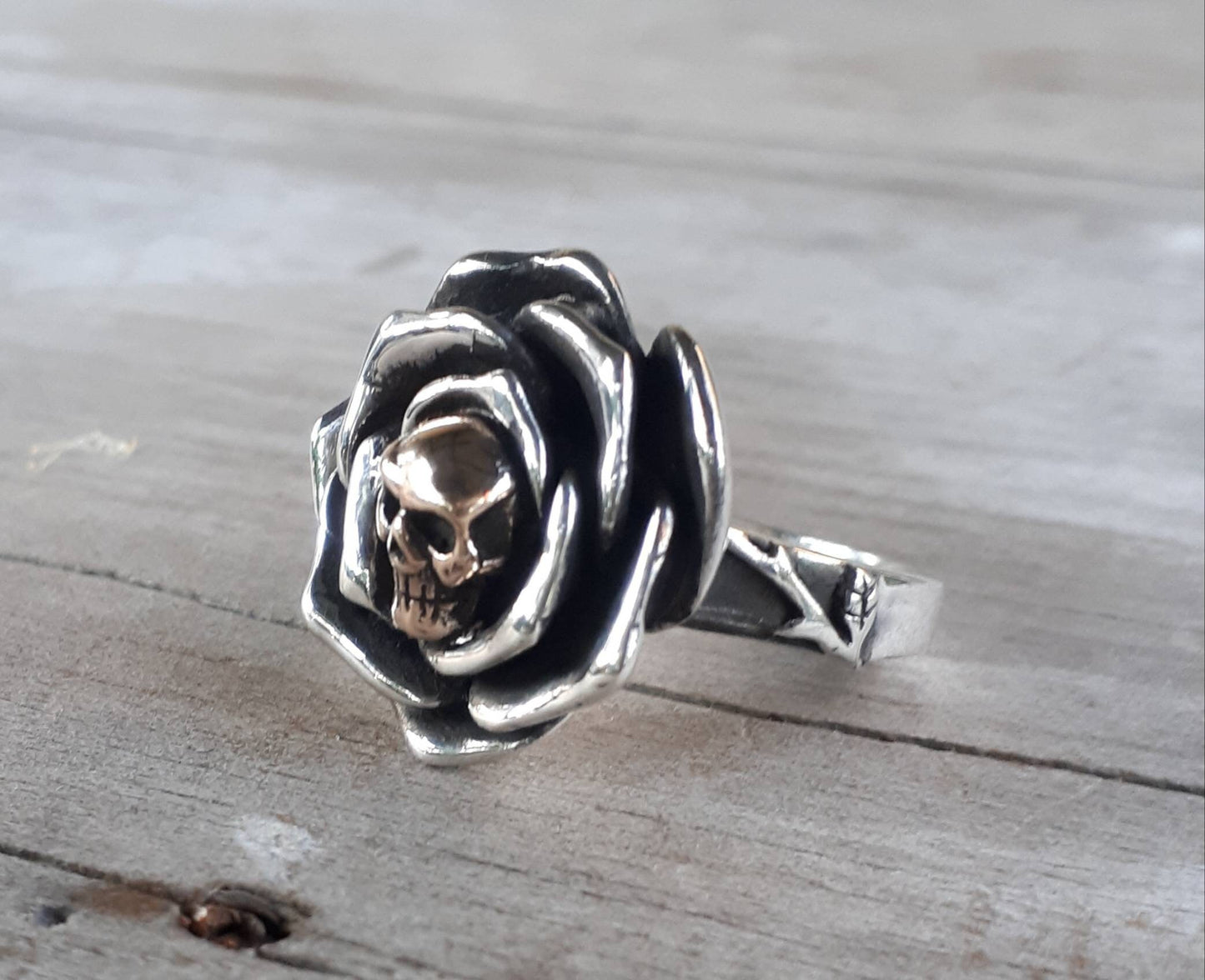 Gold Skull rose ring,9ct gold skull,sterling silver ring,two tone, steampunk,biker,hipster,sugar skull,boho,flower,chunky ring,handmade,