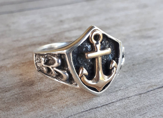 Anchor ring,9k gold anchor ring,two tone,sterling silver anchor,mixed metal,nautical ring,handmade, pirate,sailor,boat ring,hipster ring