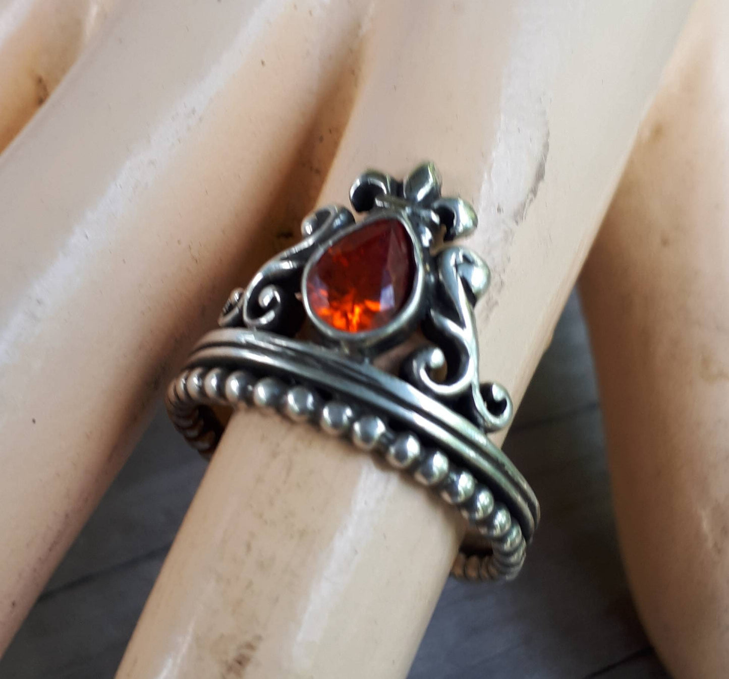 Yellow stone,ornate vintage scroll,sterling silver,cubic zirconia,art nouveau,long ring, victorian,boho,gypsy,handmade,crystal