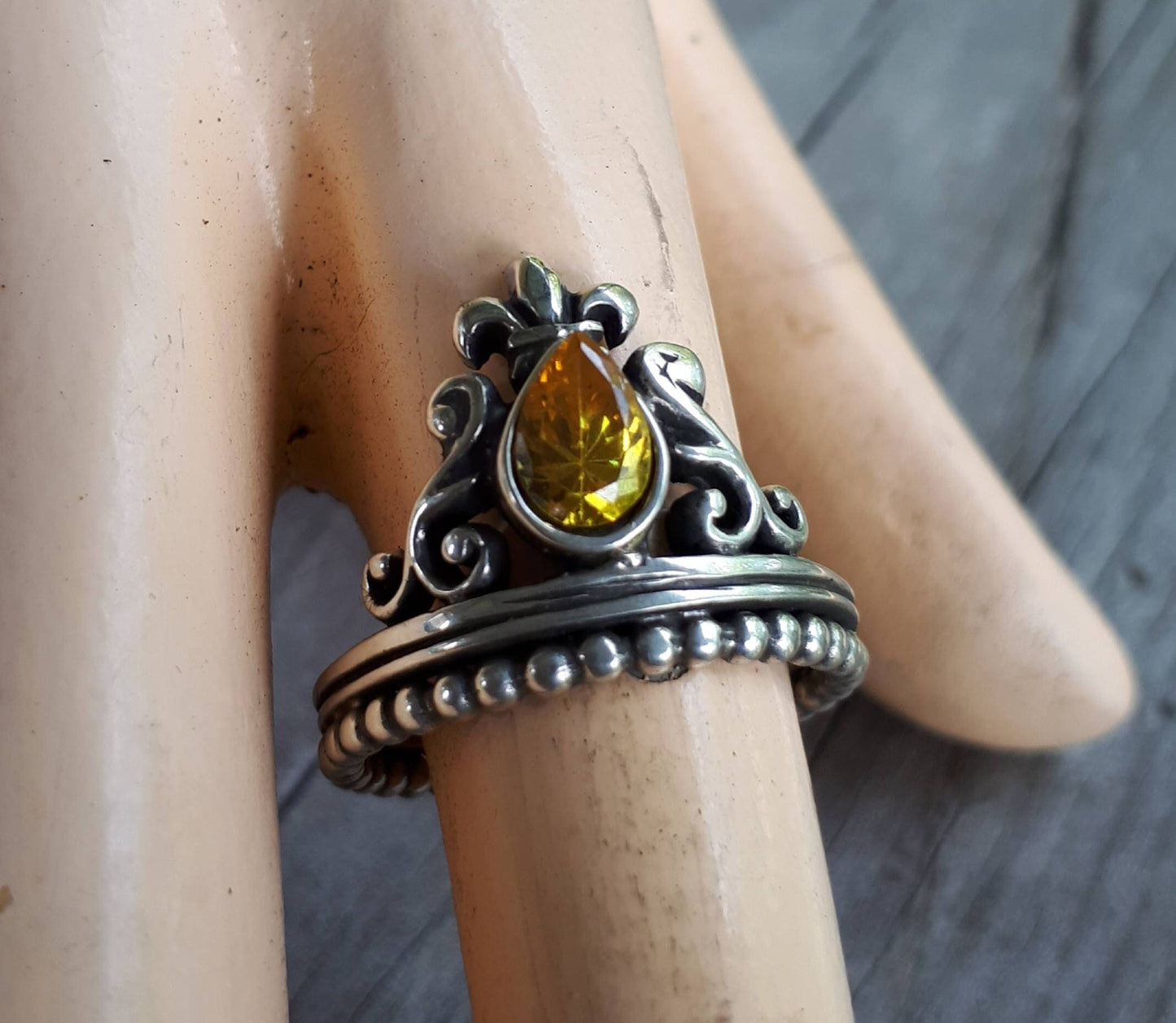 Yellow stone,ornate vintage scroll,sterling silver,cubic zirconia,art nouveau,long ring, victorian,boho,gypsy,handmade,crystal