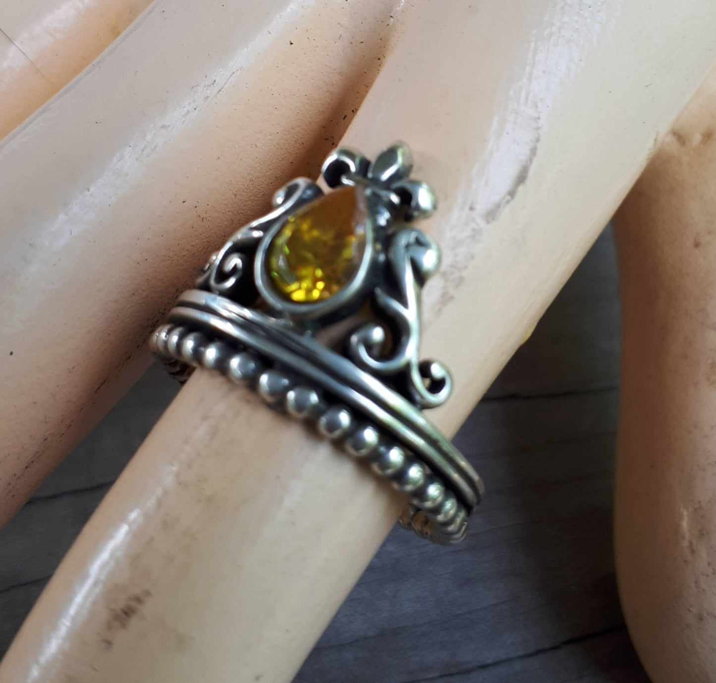 Yellow stone,ornate vintage scroll,sterling silver,cubic zirconia,art nouveau,long ring, victorian,boho,gypsy,handmade,crystal