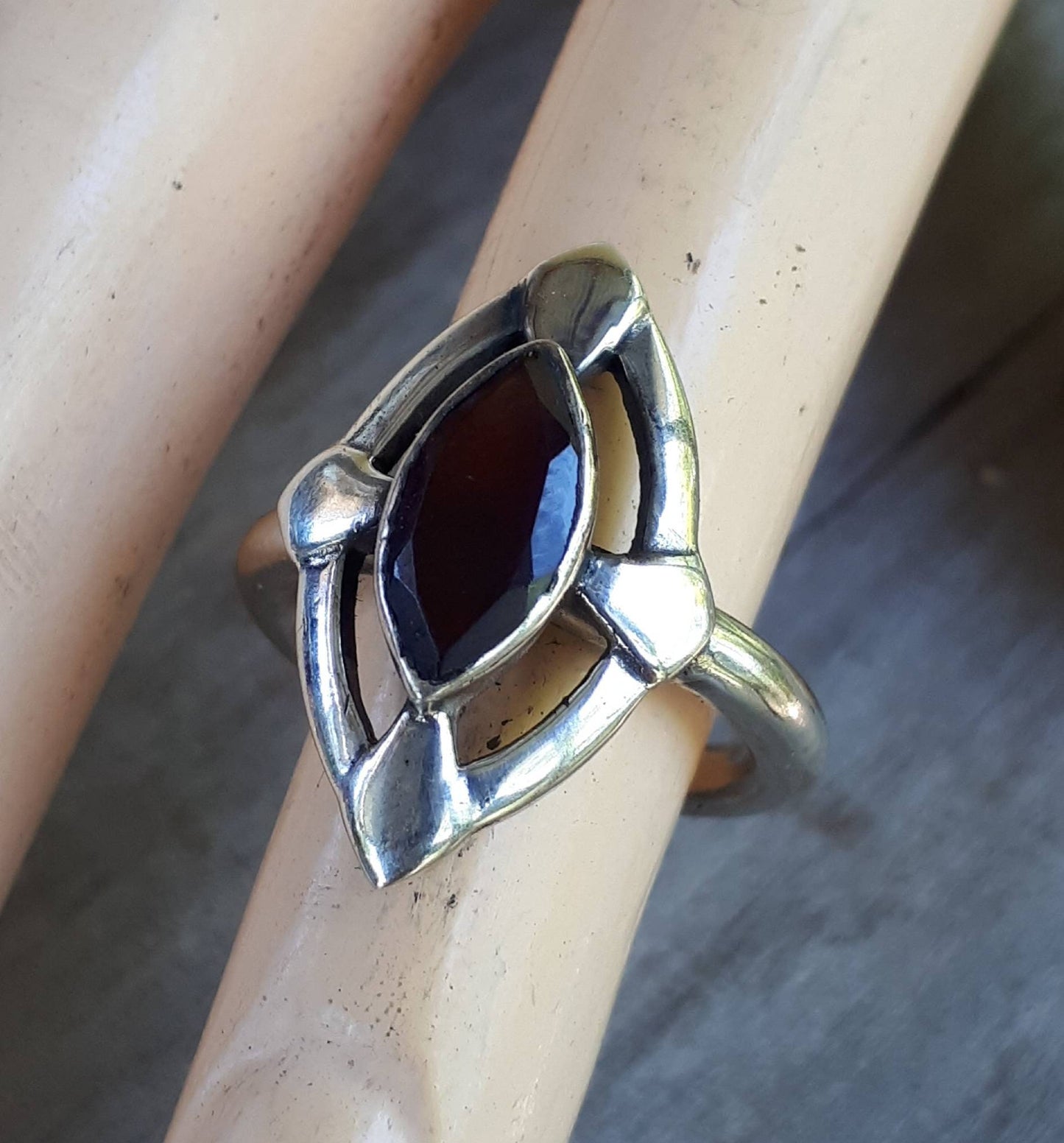 Garnet ring,sterling silver,long ring,marquee garnet, steampunk,gothic,handmade,art deco,stone ring, rockabilly,boho,gypsy,hipster,boho