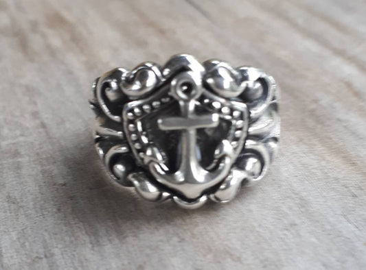 Anchor ring,chunky ring,sterling silver anchor,nautical ring,handmade, pirate,sailor,marine,surfer,shield ring,hipster,vintage scroll,