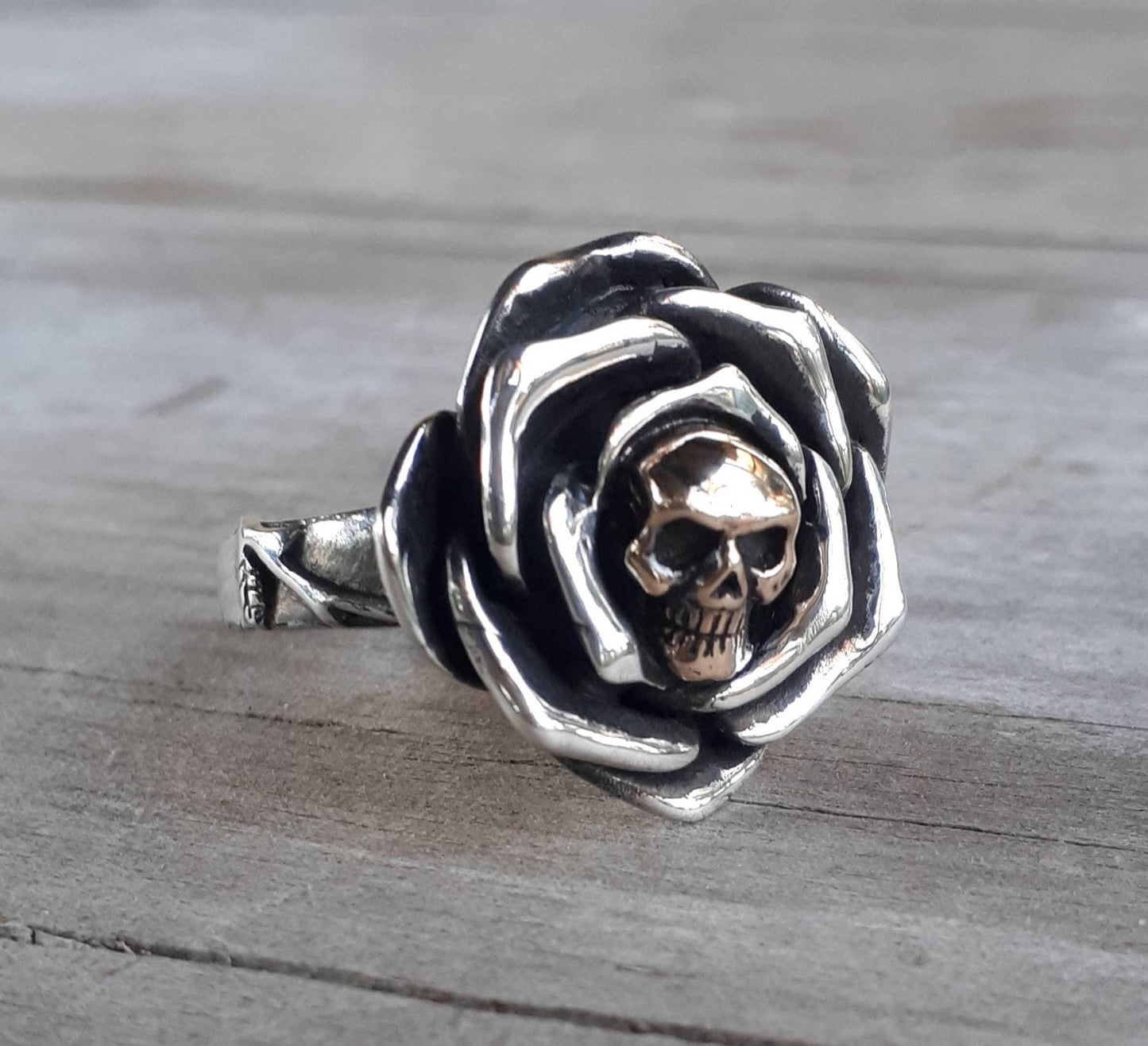 Gold Skull rose ring,9ct gold skull,sterling silver ring,two tone, steampunk,biker,hipster,sugar skull,boho,flower,chunky ring,handmade,