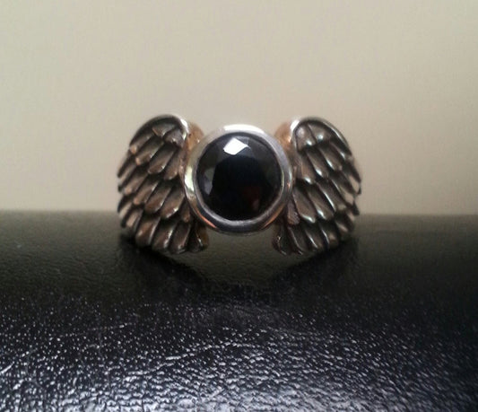angel ring, black cubic zirconia,Sterling silver, goddess,angel wings,bird wings,feather ring, alternative, new age,hand made, gothic