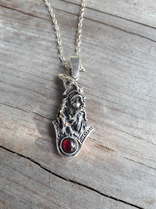 wizard pendant,garnet cabachon,sterling silver,merlin,magician,fantasy, mythical,gothic,punk,Dumbledore,witch