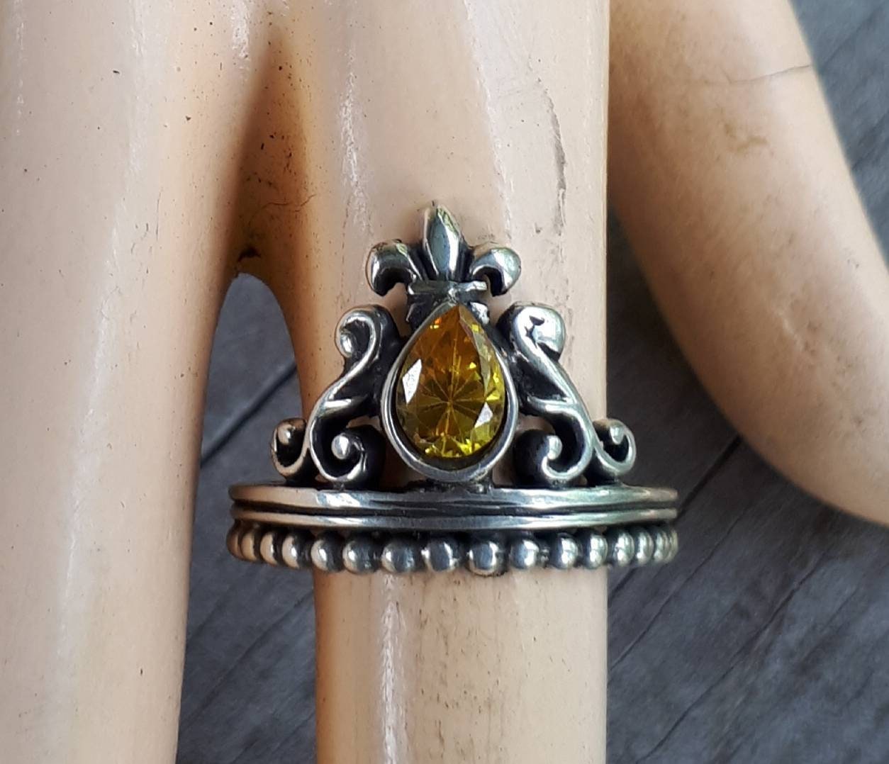 Yellow stone,ornate vintage scroll,sterling silver,cubic zirconia,art nouveau,long ring, victorian,boho,gypsy,handmade,crystal